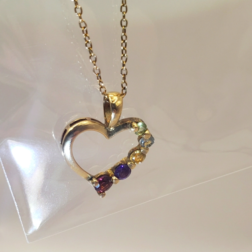 Gold multi color gem stones with open heart pendant necklace
